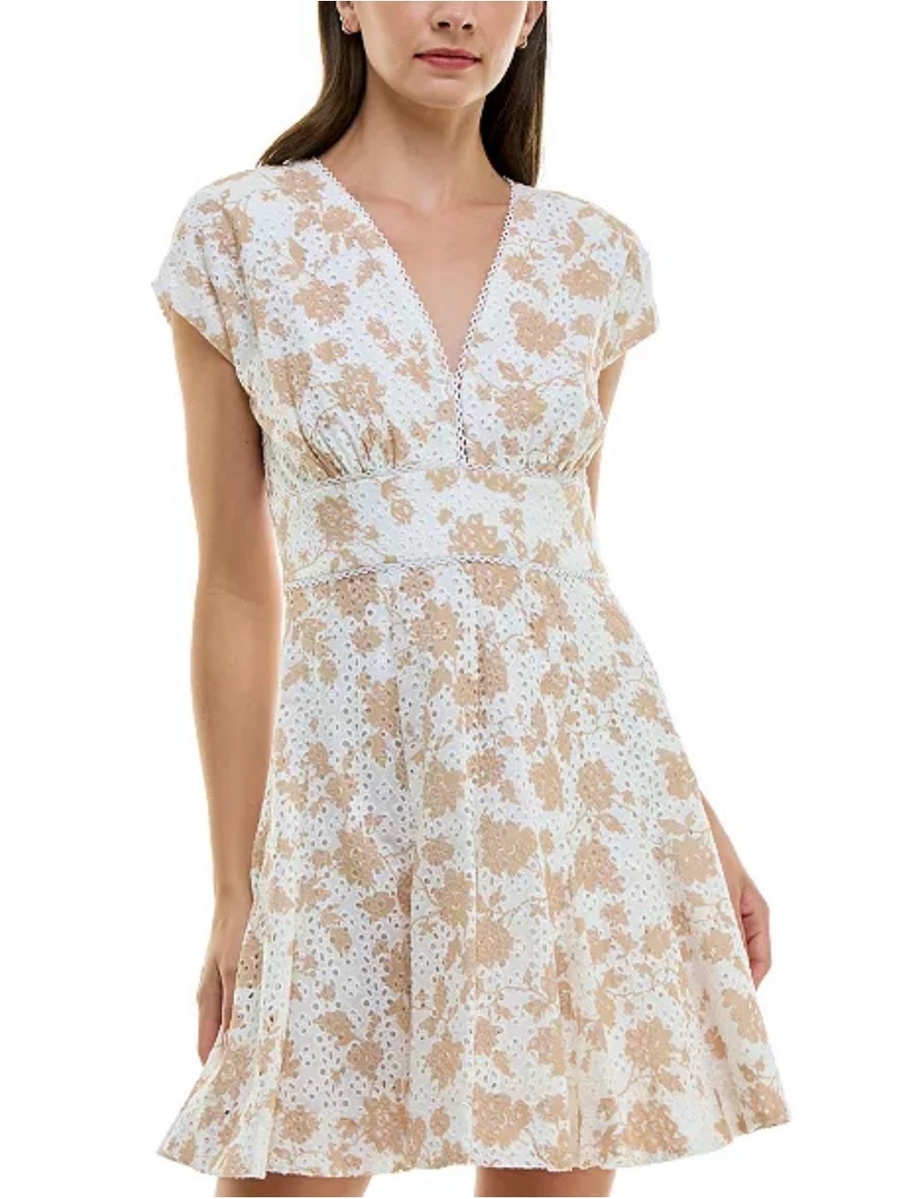 Taylor White/Beige Women's Printed Cotton Eyelet V-Neck Dress Sz 4